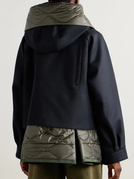 Hooded Quilted Panel Jacket in Navy and Green - Jackets