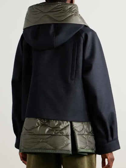 Hooded Quilted Panel Jacket in Navy and Green - Jackets