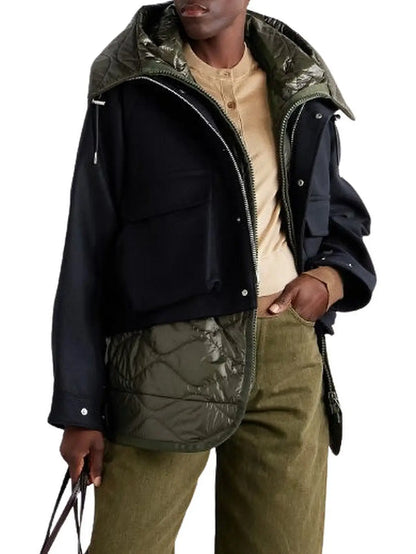 Hooded Quilted Panel Jacket in Navy and Green - Jackets