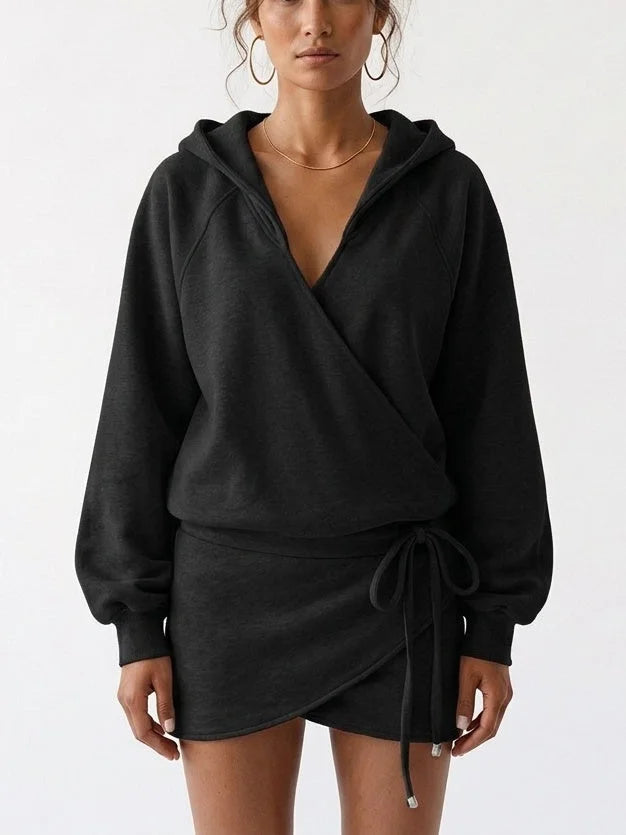 Hooded Wrap Front Drawstring Sweatshirt Mini Dress - Small / Black - Dresses