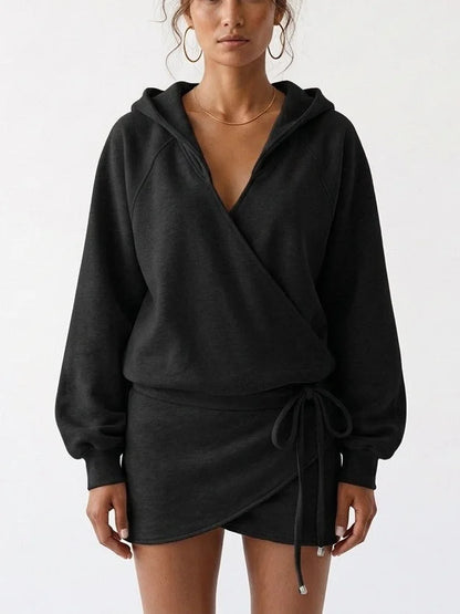 Hooded Wrap Front Drawstring Sweatshirt Mini Dress - Small / Black - Dresses