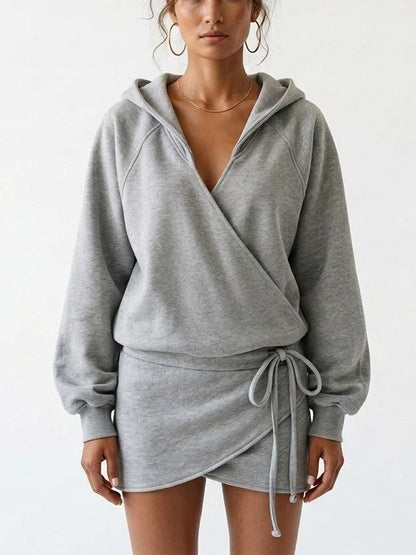 Hooded Wrap Front Drawstring Sweatshirt Mini Dress - Dresses