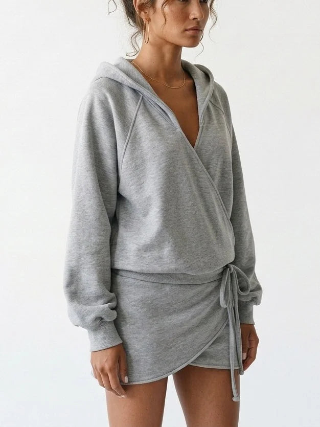 Hooded Wrap Front Drawstring Sweatshirt Mini Dress - Dresses