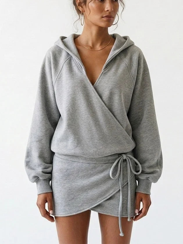 Hooded Wrap Front Drawstring Sweatshirt Mini Dress - Dresses