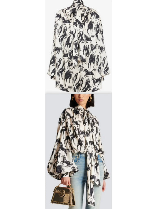 Horses Printed Silk Shirt with Neck-Tie - Branna Couture