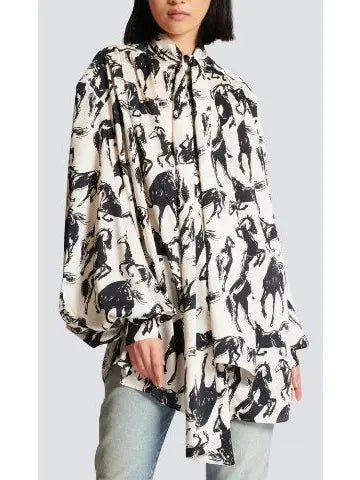 Horses Printed Silk Shirt with Neck-Tie - Branna Couture