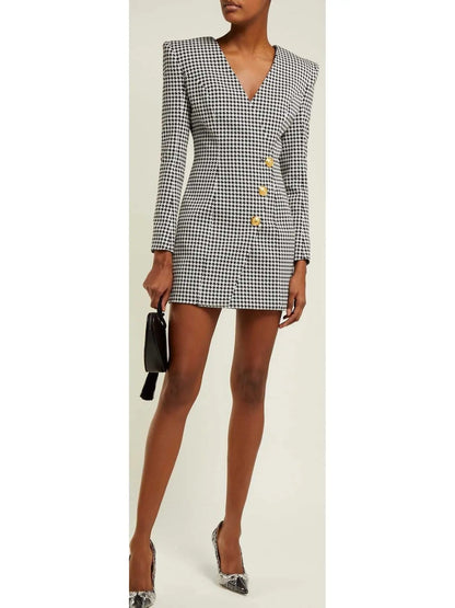 Houndstooth Buttoned Mini Dress - Branna Couture