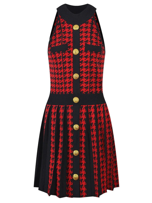 Houndstooth Pleated Mini Dress, Red and Black - Branna Couture