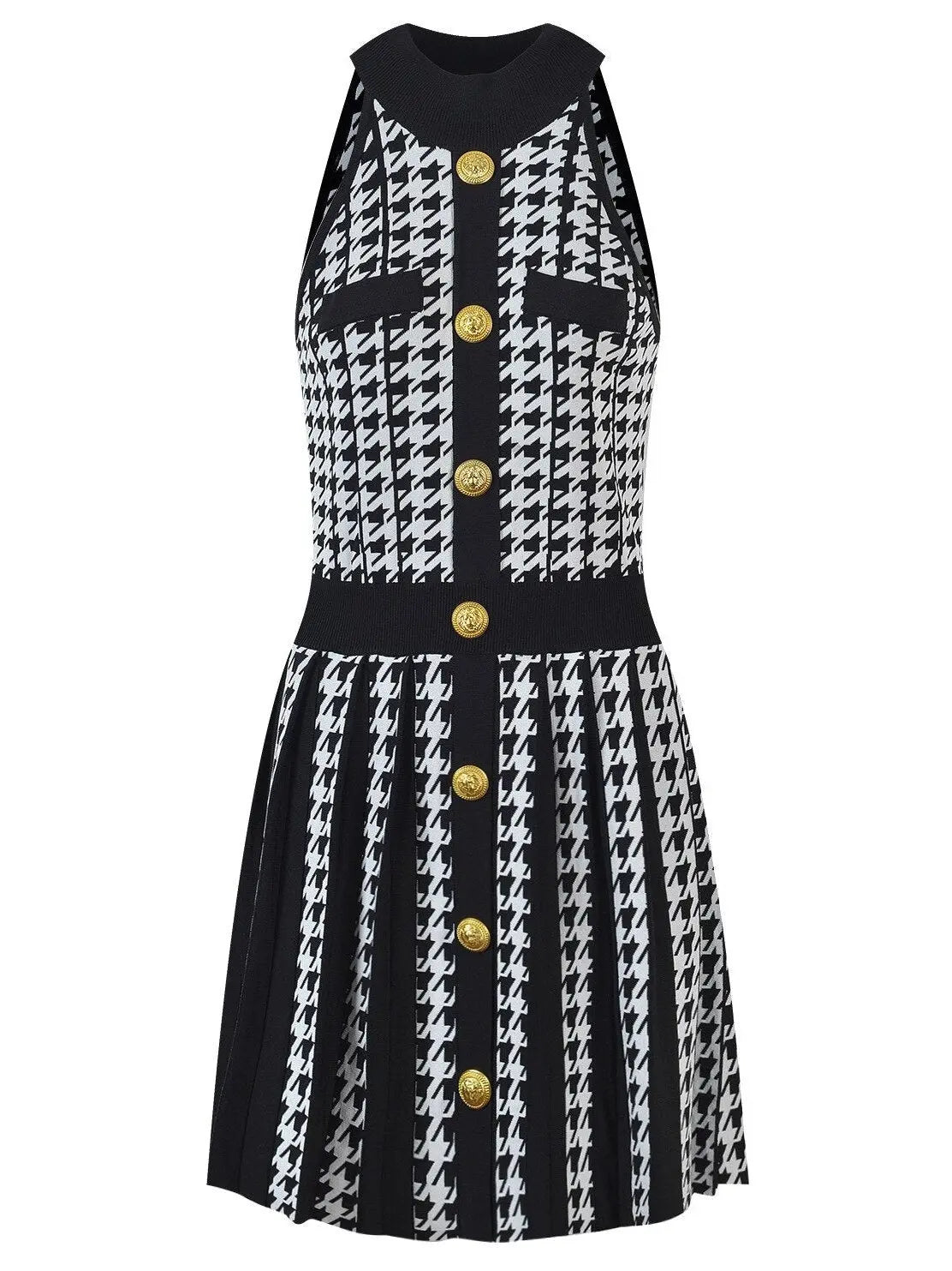 Houndstooth Pleated Mini Dress, White and Black - Branna Couture