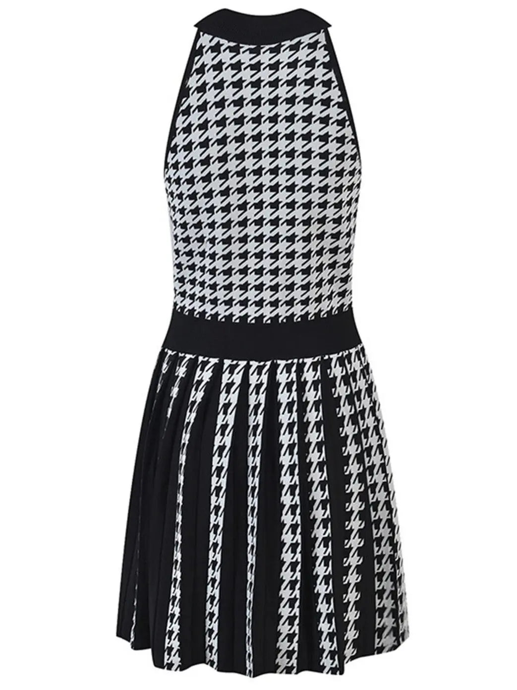 Houndstooth Pleated Mini Dress, White and Black - Branna Couture