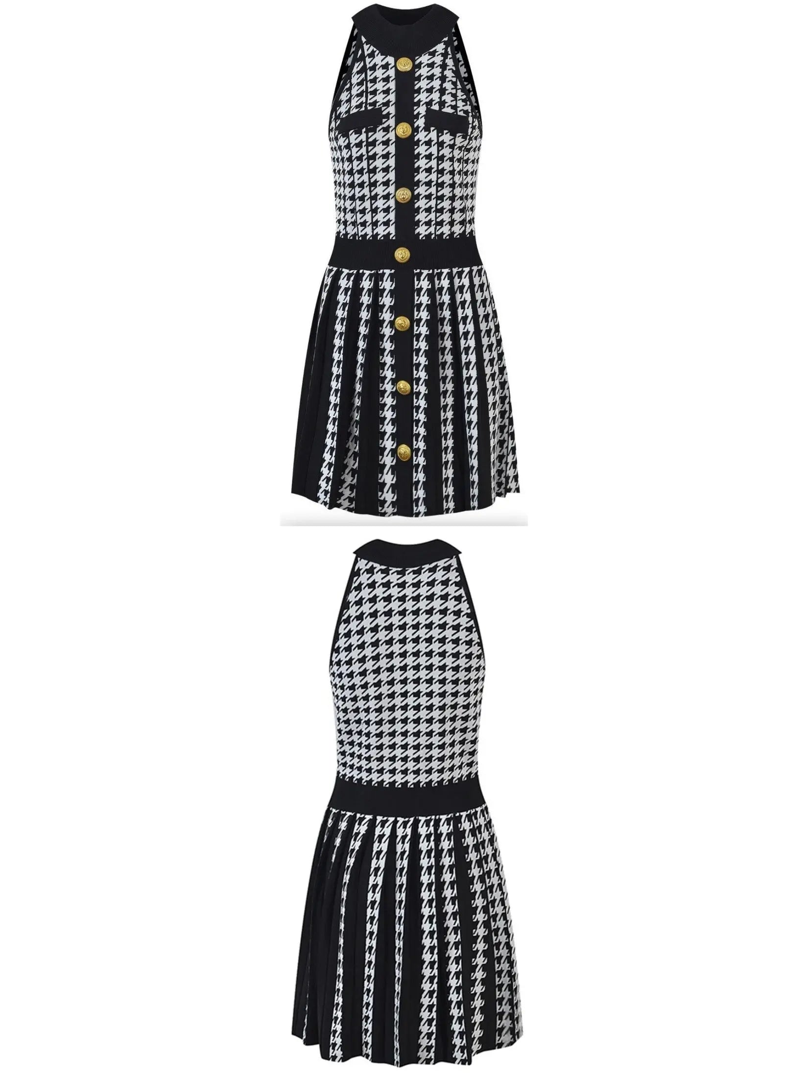 Houndstooth Pleated Mini Dress, White and Black - Branna Couture