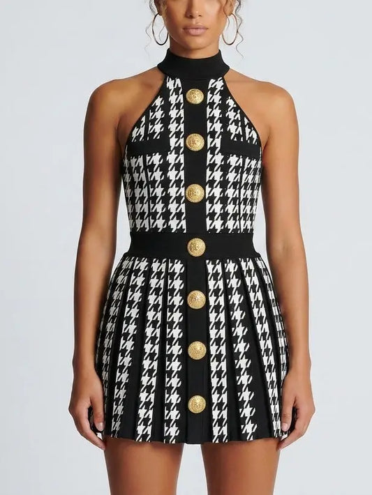 Houndstooth Halter Mini Dress with Gold Buttons - Small - Dresses