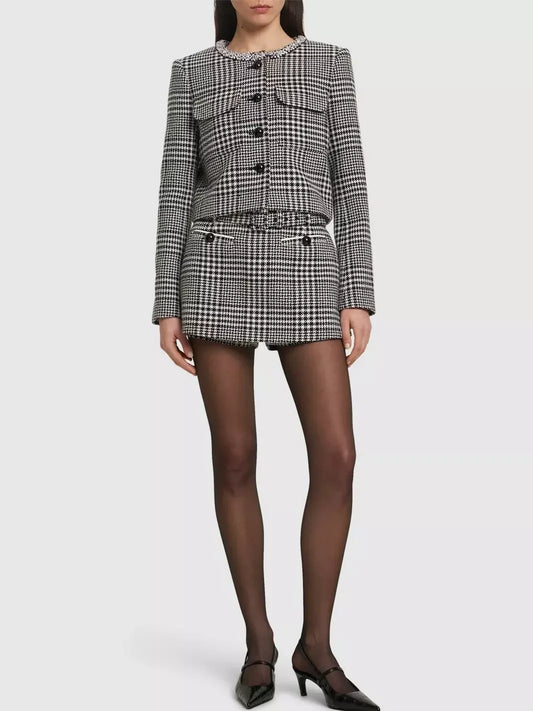 Houndstooth Wool-Blend Jacket and Skort Set - Small - Suits & Sets