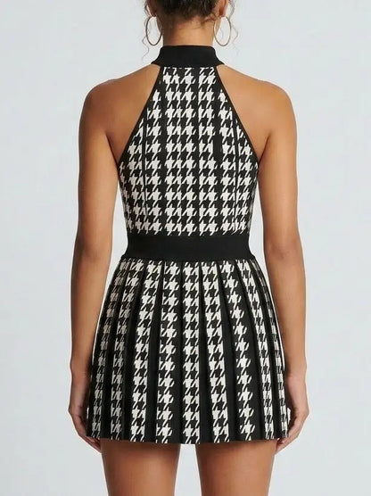 Houndstooth Halter Mini Dress with Gold Buttons - Dresses