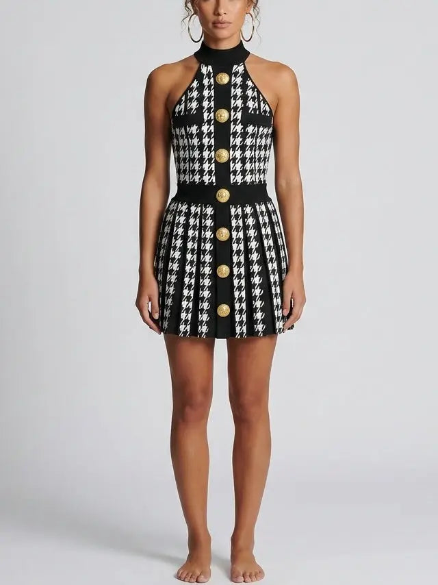 Houndstooth Halter Mini Dress with Gold Buttons - Dresses