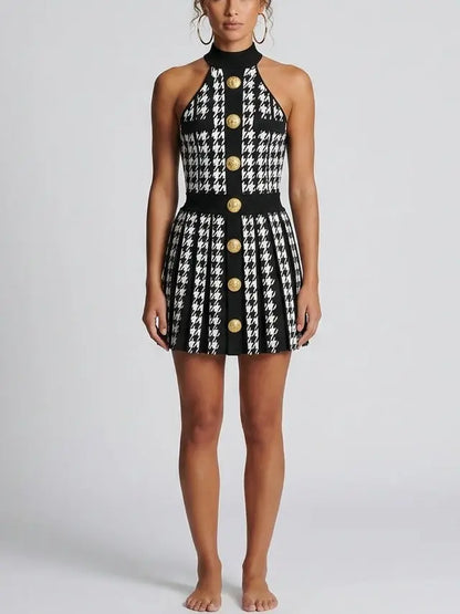 Houndstooth Halter Mini Dress with Gold Buttons - Dresses