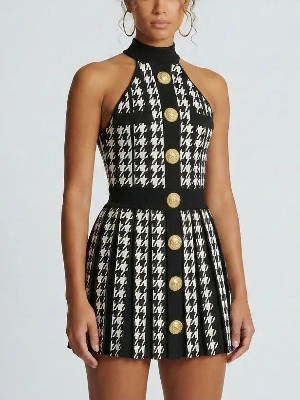 Houndstooth Halter Mini Dress with Gold Buttons - Dresses