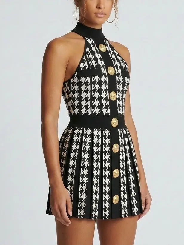 Houndstooth Halter Mini Dress with Gold Buttons - Dresses