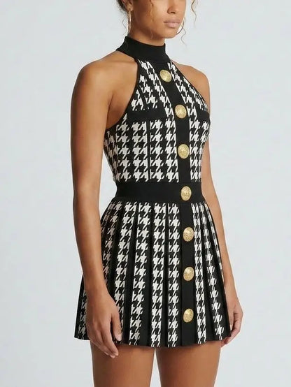 Houndstooth Halter Mini Dress with Gold Buttons - Dresses