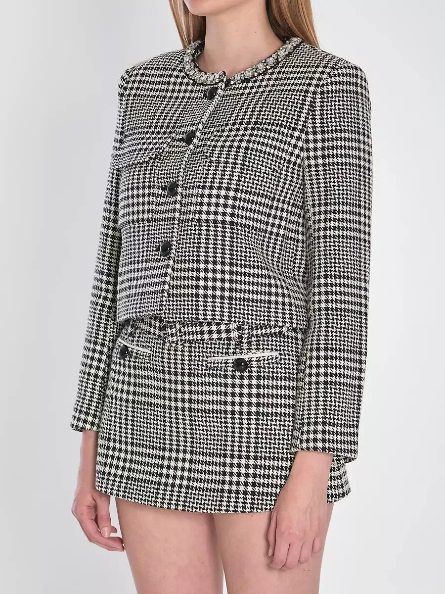 Houndstooth Wool-Blend Jacket and Skort Set - Suits & Sets