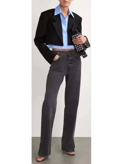 Hybrid Cropped Layered Dickey Shirt Blazer in Black and Blue - Branna Couture