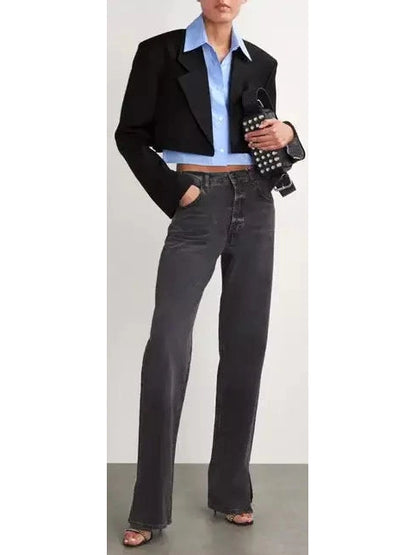 Hybrid Cropped Layered Dickey Shirt Blazer in Black and Blue - Branna Couture