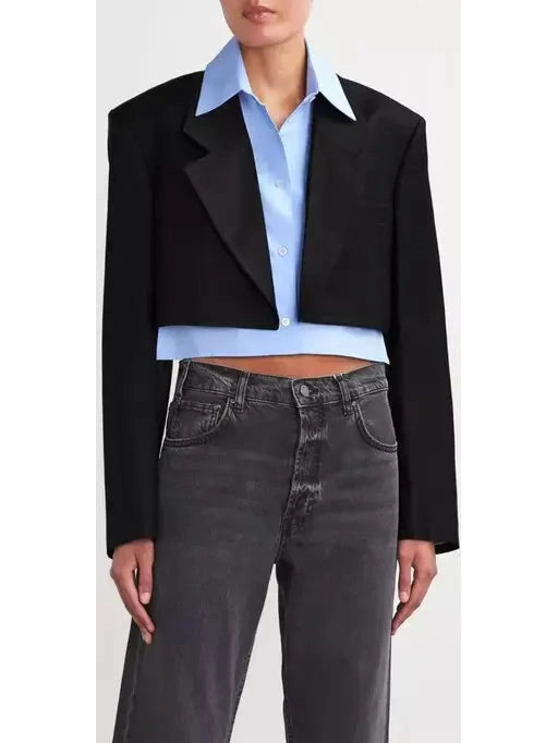 Hybrid Cropped Layered Dickey Shirt Blazer in Black and Blue - Branna Couture