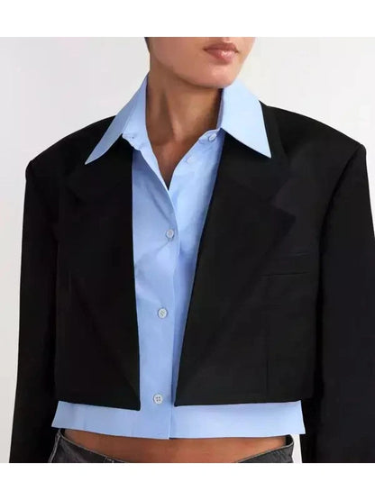 Hybrid Cropped Layered Dickey Shirt Blazer in Black and Blue - Branna Couture