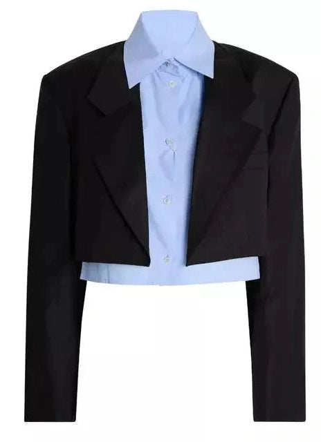 Hybrid Cropped Layered Dickey Shirt Blazer in Black and Blue - Branna Couture