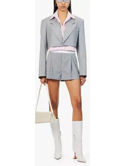 Hybrid Cropped Layered Dickey Shirt Blazer in Gray and Pink - Branna Couture