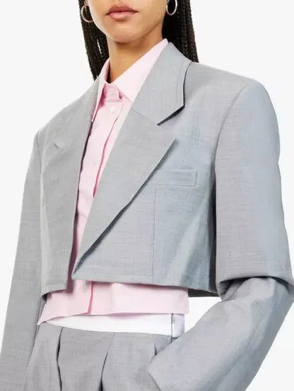 Hybrid Cropped Layered Dickey Shirt Blazer in Gray and Pink - Branna Couture