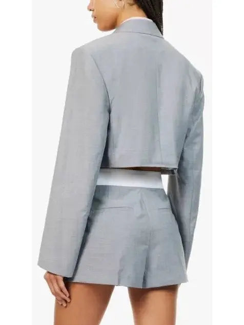 Hybrid Cropped Layered Dickey Shirt Blazer in Gray and Pink - Branna Couture