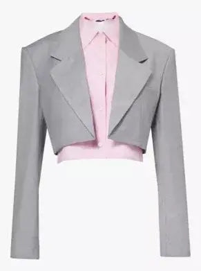 Hybrid Cropped Layered Dickey Shirt Blazer in Gray and Pink - Branna Couture