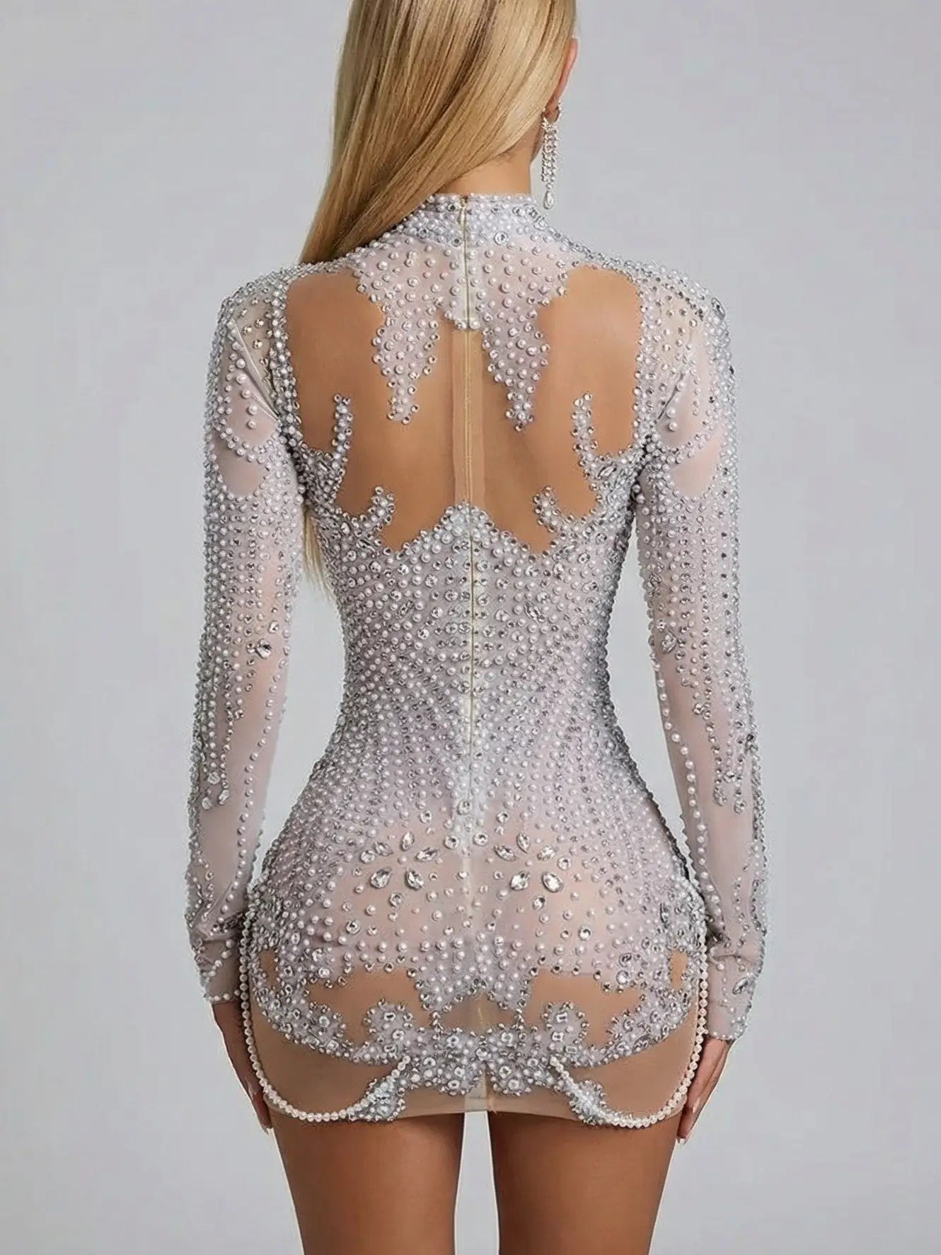 Illusion Mesh Rhinestone & Pearl-Embellished Mini Dress - Dresses
