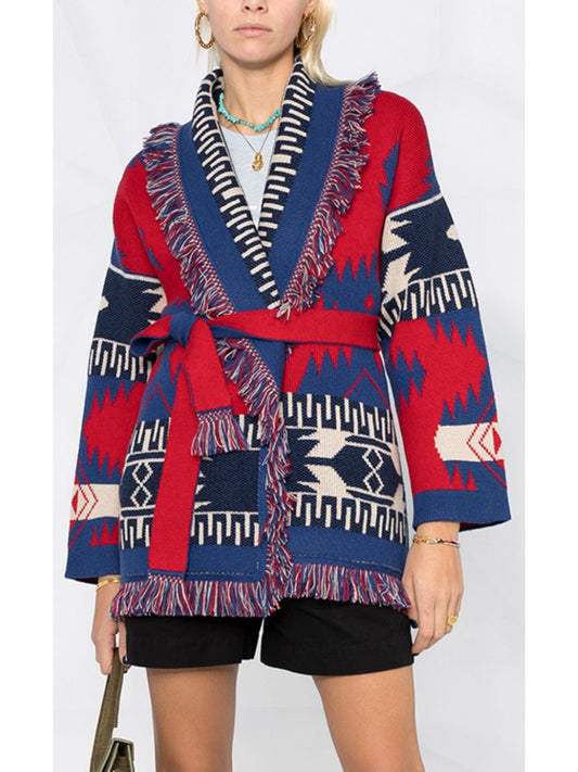 Intarsia Pattern Icon Fringed Cardigan Coat - Branna Couture