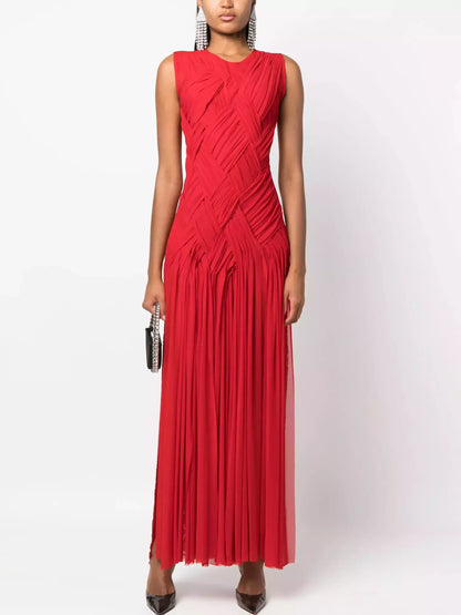 Interwoven Gathered Sleeveless Red Maxi Dress S Dresses