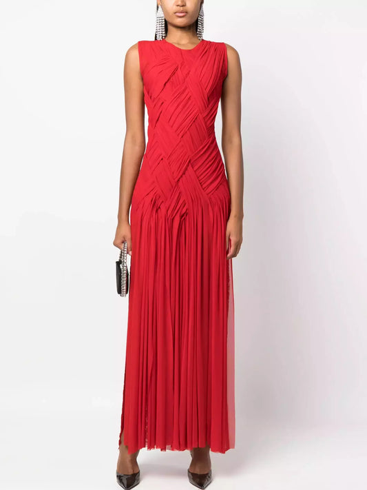 Interwoven Gathered Sleeveless Red Maxi Dress S Dresses