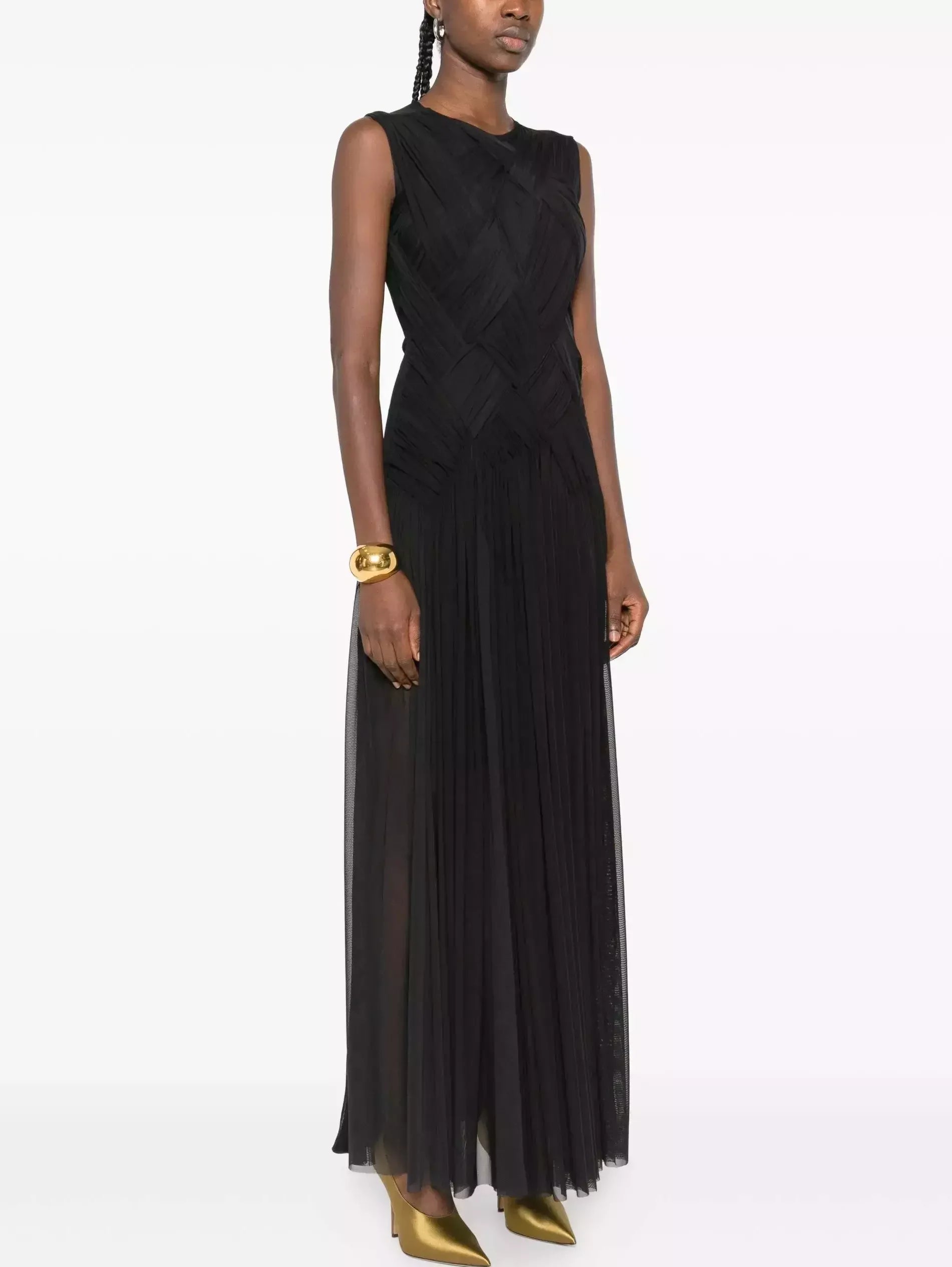 Interwoven Gathered Sleeveless Maxi Dress