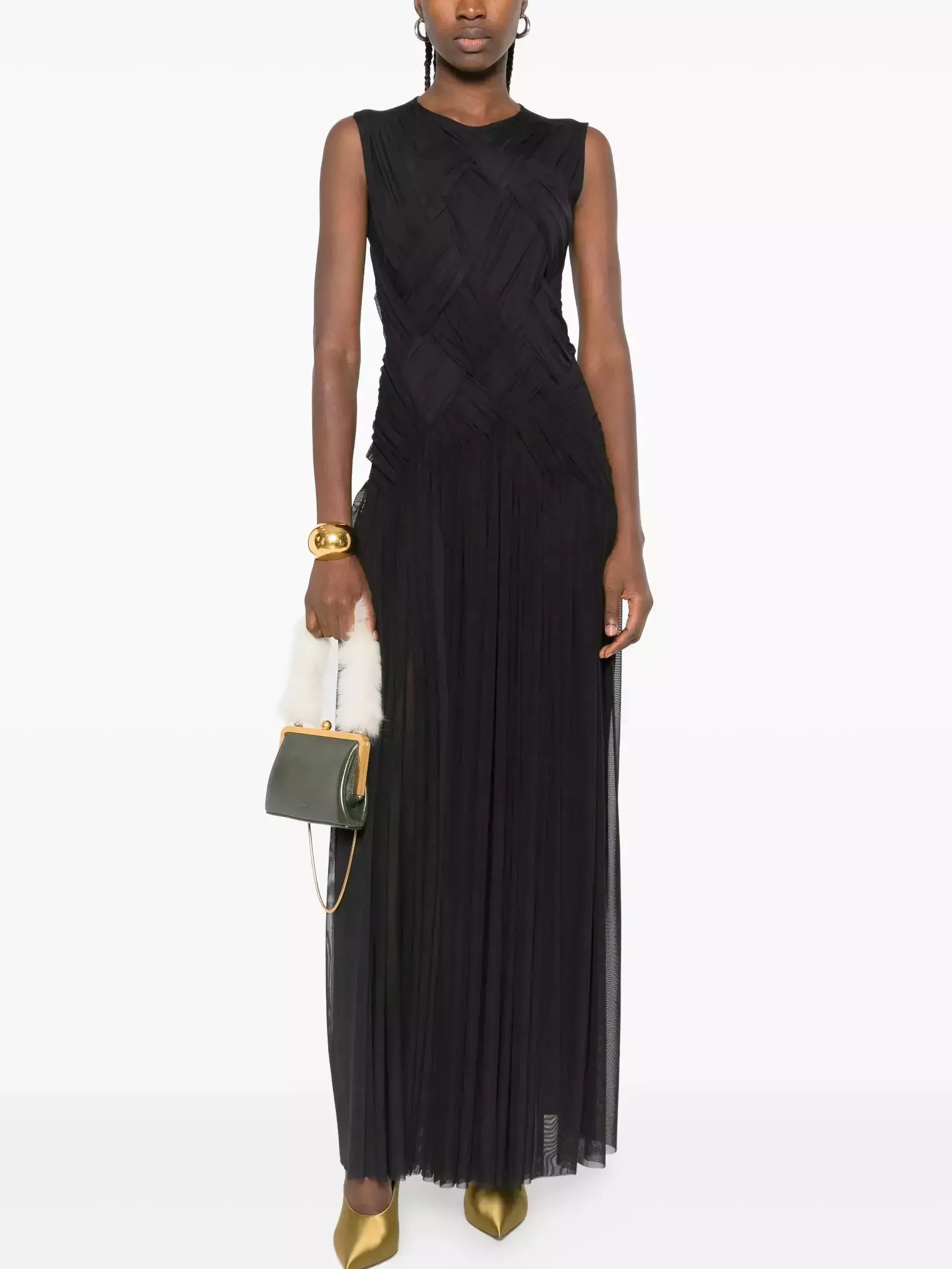 Interwoven Gathered Sleeveless Maxi Dress S / Black