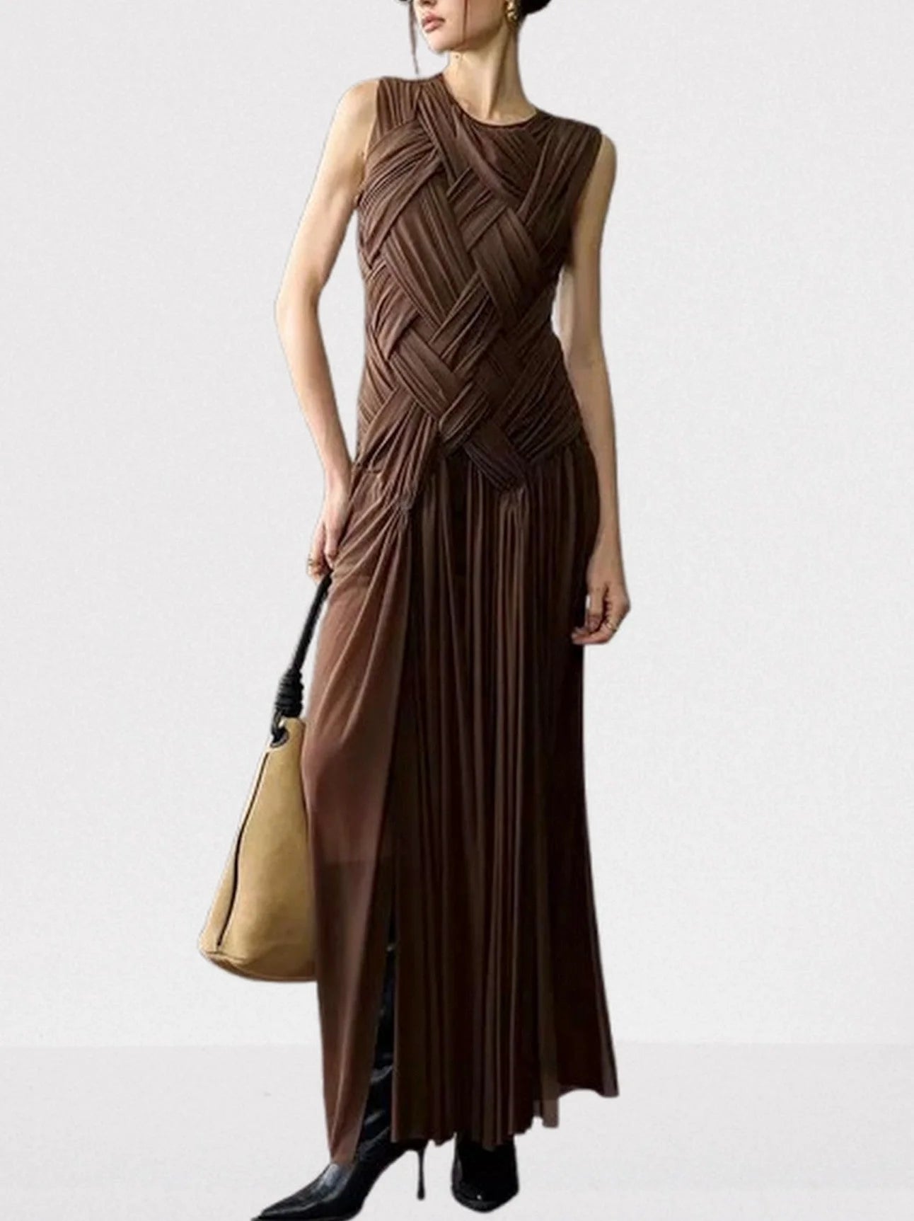 Interwoven Gathered Sleeveless Maxi Dress