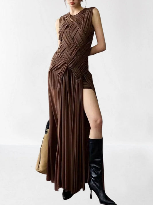 Interwoven Gathered Sleeveless Maxi Dress S / Brown