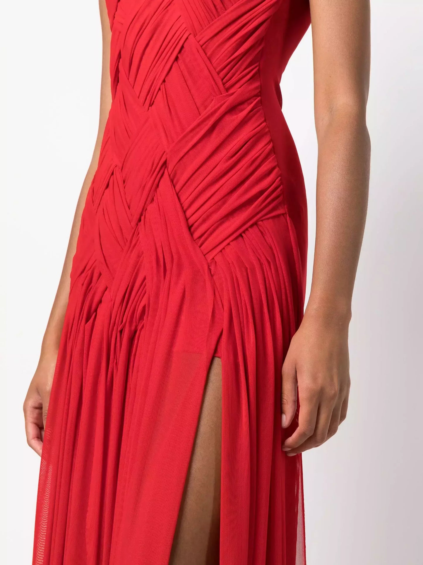 Interwoven Gathered Sleeveless Red Maxi Dress Dresses