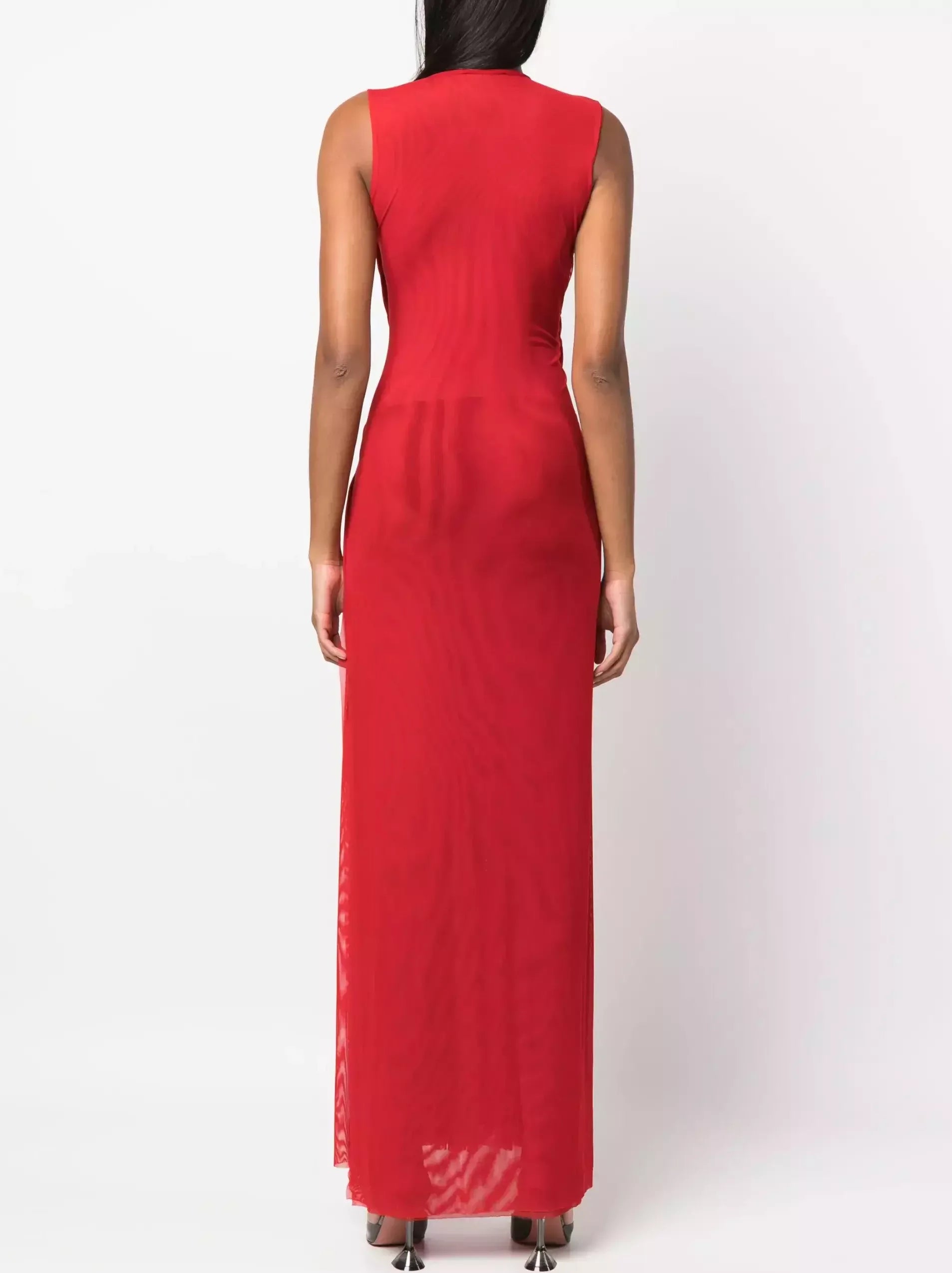 Interwoven Gathered Sleeveless Red Maxi Dress Dresses