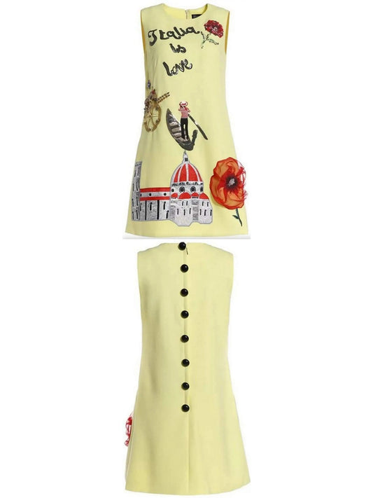 Italia is Love Embellished Mini Shift dress in Yellow - Branna Couture