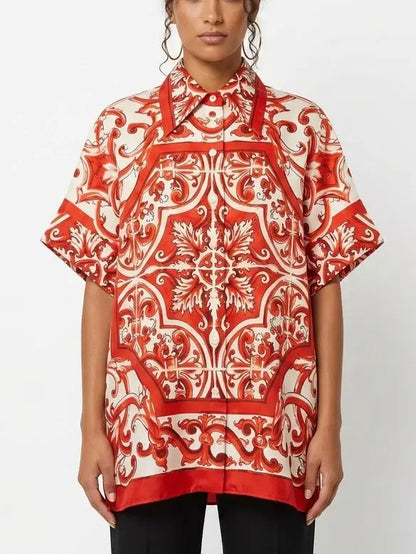 Italian Print Silk Oversized Shirt in Red and White - S - Tops