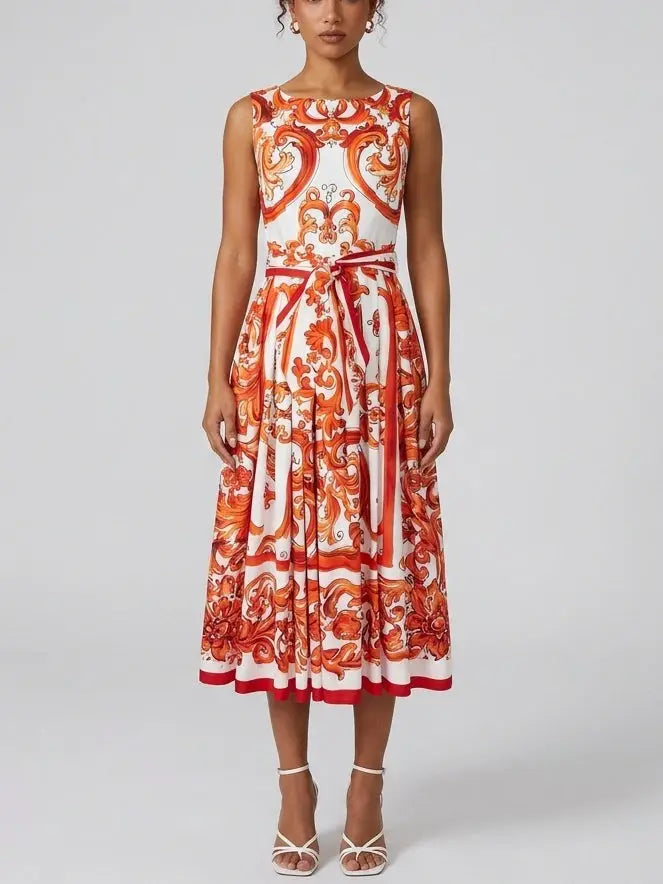 Italian Scroll Print Cotton Midi Dress with Tie Belt - S - Dresses