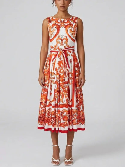 Italian Scroll Print Cotton Midi Dress with Tie Belt - S - Dresses