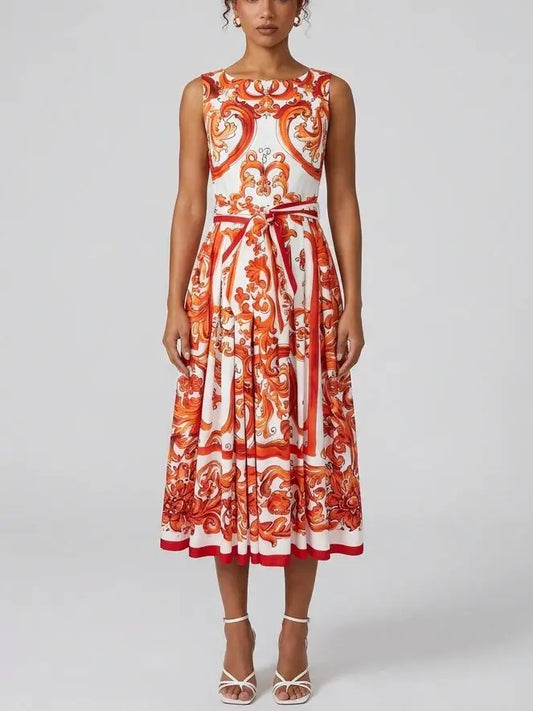 Italian Scroll Print Cotton Midi Dress with Tie Belt - S - Dresses