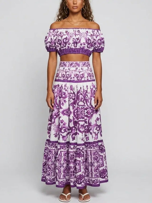Italian Tile Print Off-Shoulder Crop Top and Skirt Set - S - Suits & Sets