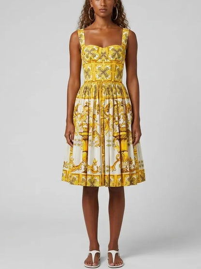 Italian Majolica Print Cotton Poplin Corset Midi Dress - Dresses